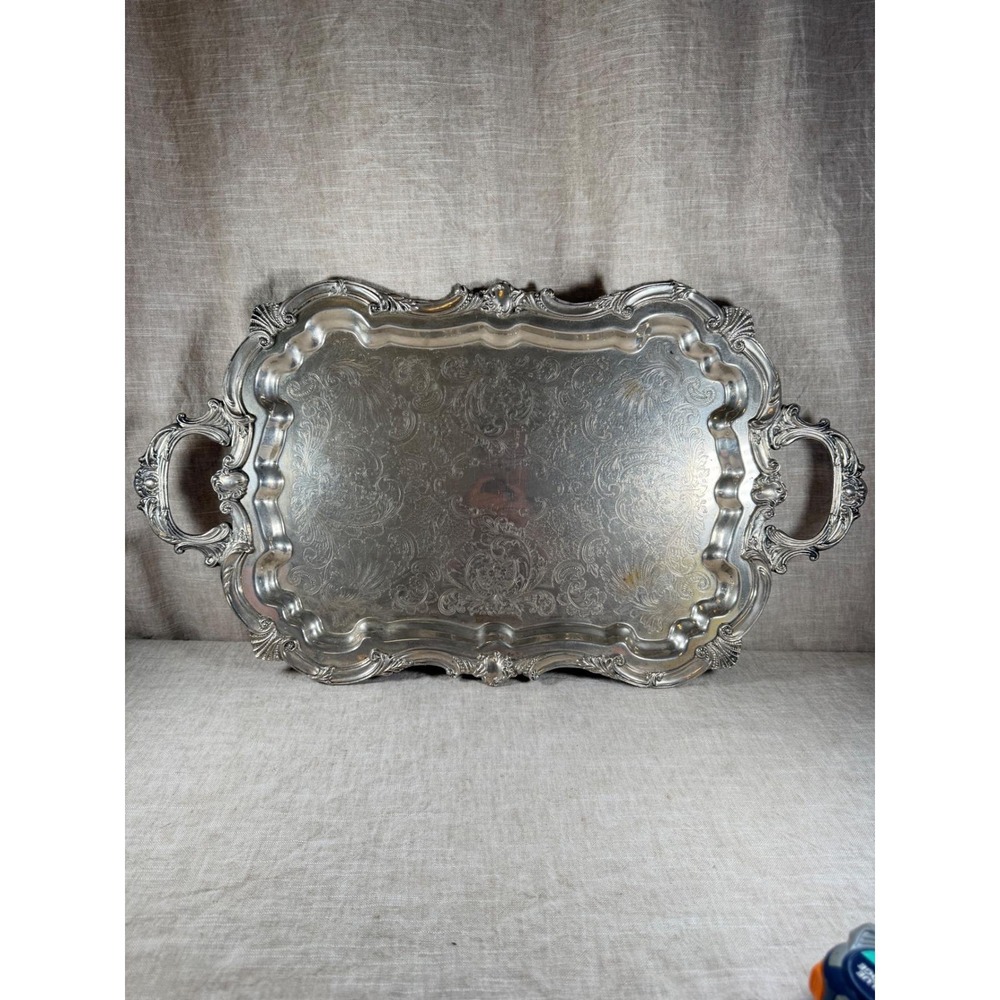 Vintage Silver Plate Serving Tray, Ornate Etched Floral Footed Platter